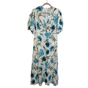 Diane Von Furstenberg Floral Puff Sleeve Dress Size 14 Dianthus Blue White NEW